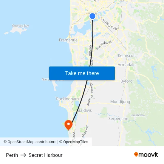 Perth to Secret Harbour map