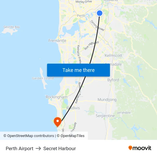 Perth Airport to Secret Harbour map