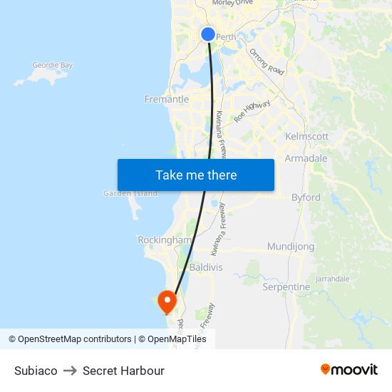 Subiaco to Secret Harbour map