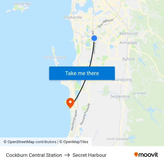 Cockburn Central Station to Secret Harbour map