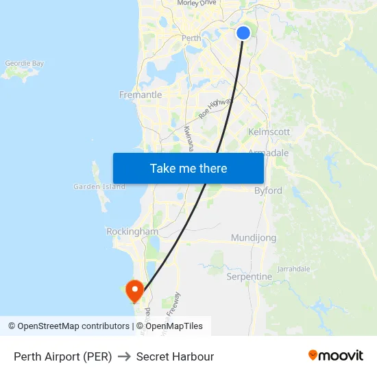 Perth Airport (PER) to Secret Harbour map