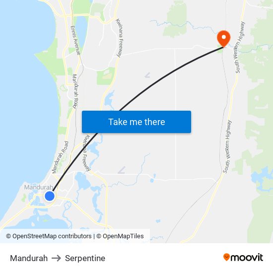 Mandurah to Serpentine map