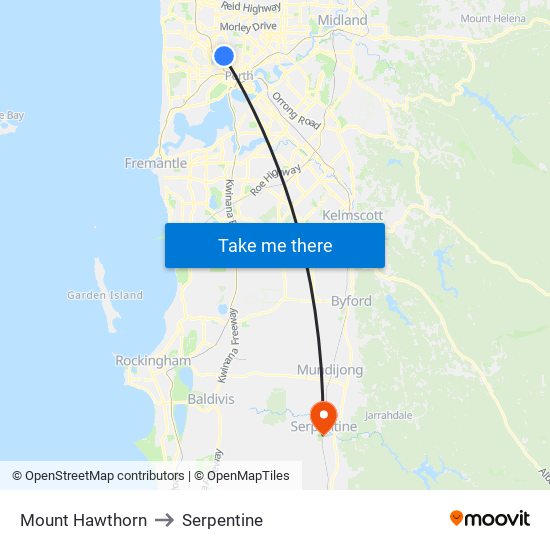 Mount Hawthorn to Serpentine map