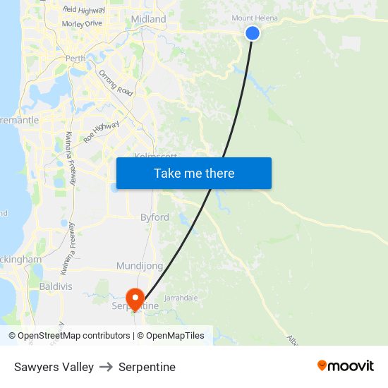 Sawyers Valley to Serpentine map