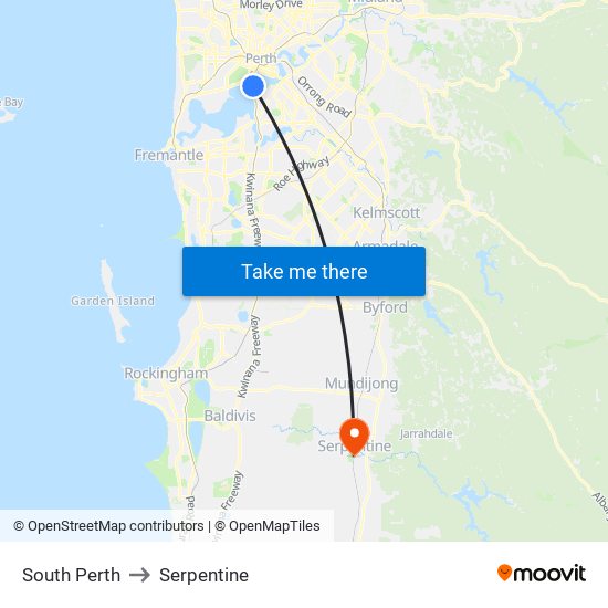 South Perth to Serpentine map