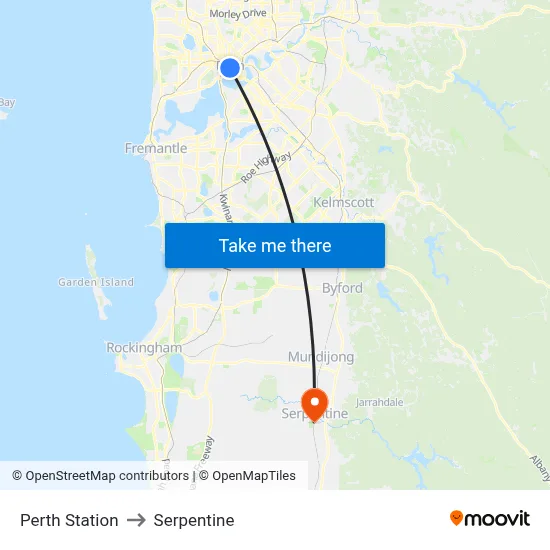 Perth Station to Serpentine map
