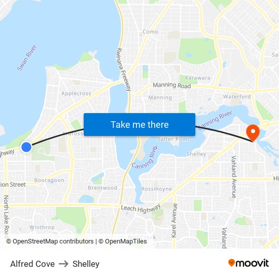 Alfred Cove to Shelley map