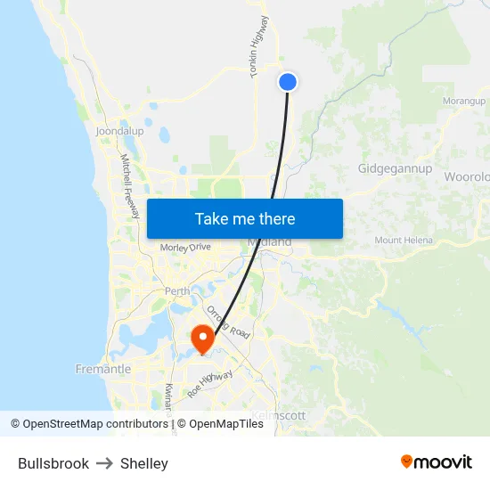 Bullsbrook to Shelley map