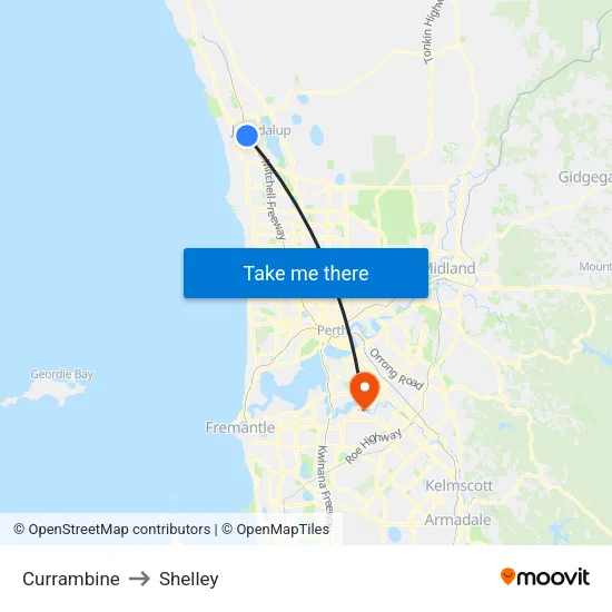 Currambine to Shelley map