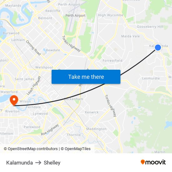 Kalamunda to Shelley map