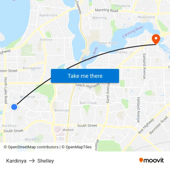 Kardinya to Shelley map
