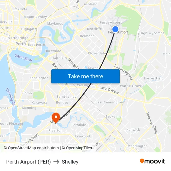 Perth Airport (PER) to Shelley map