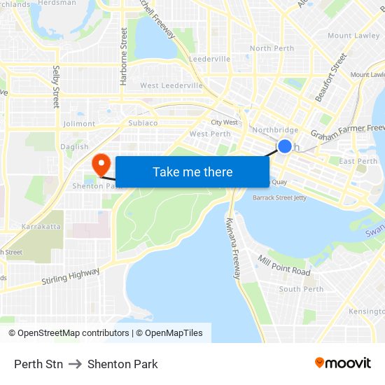Perth Stn to Shenton Park map
