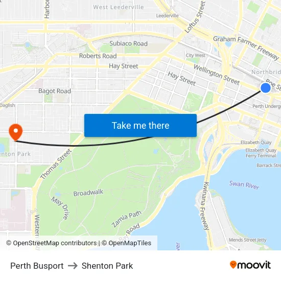 Perth Busport to Shenton Park map