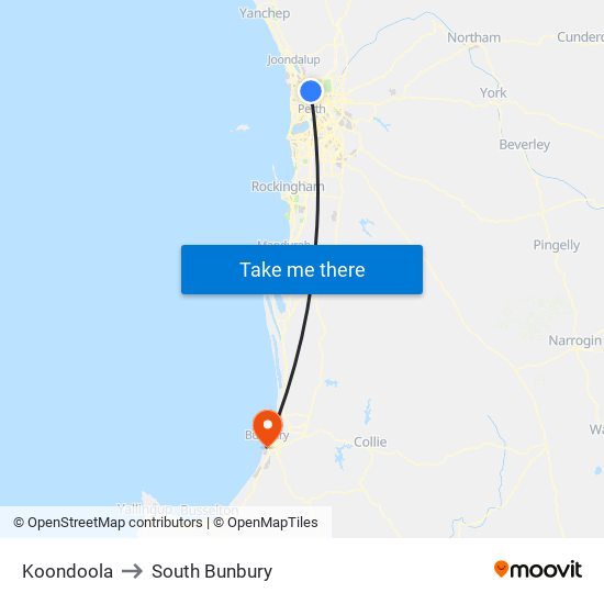 Koondoola to South Bunbury map