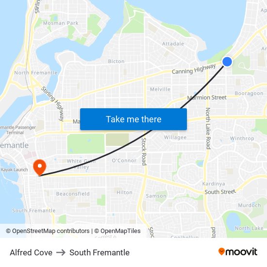 Alfred Cove to South Fremantle map