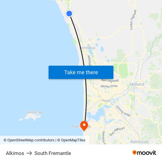 Alkimos to South Fremantle map