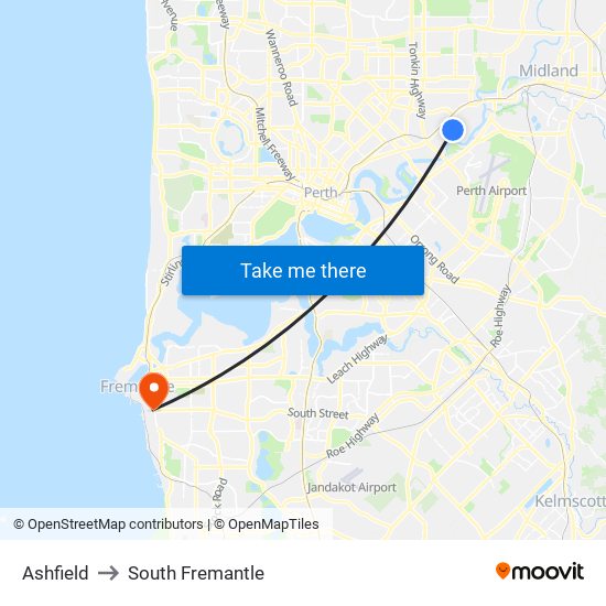 Ashfield to South Fremantle map