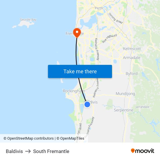 Baldivis to South Fremantle map