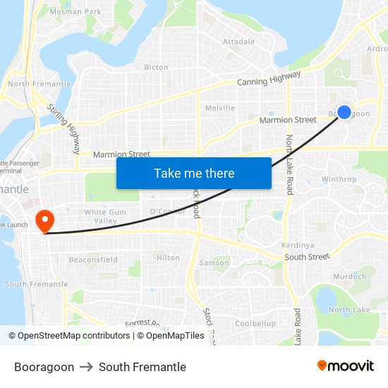 Booragoon to South Fremantle map