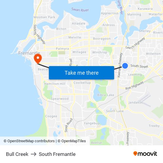 Bull Creek to South Fremantle map