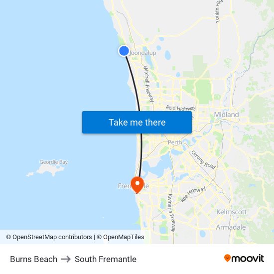 Burns Beach to South Fremantle map