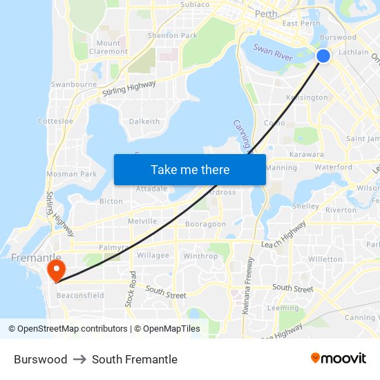 Burswood to South Fremantle map