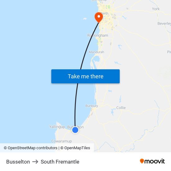 Busselton to South Fremantle map