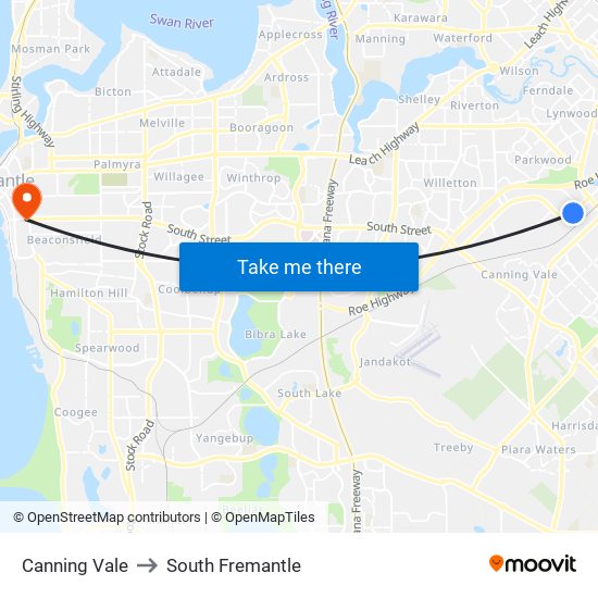 Canning Vale to South Fremantle map