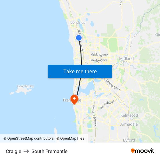 Craigie to South Fremantle map