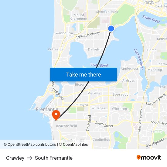 Crawley to South Fremantle map