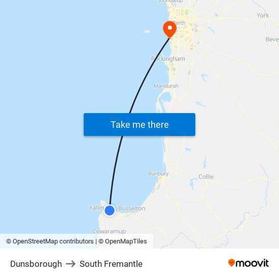 Dunsborough to South Fremantle map