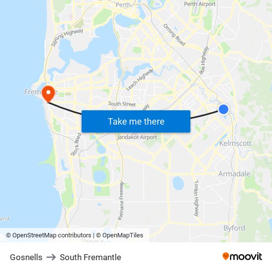 Gosnells to South Fremantle map