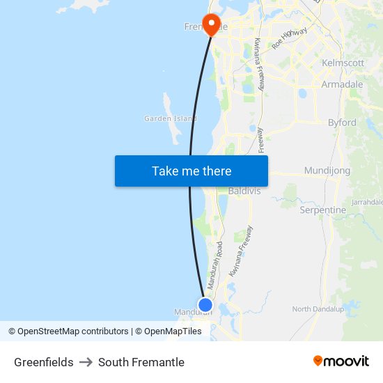 Greenfields to South Fremantle map