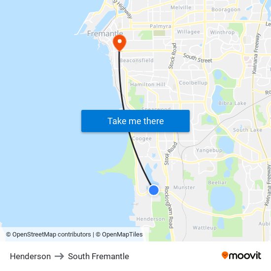 Henderson to South Fremantle map