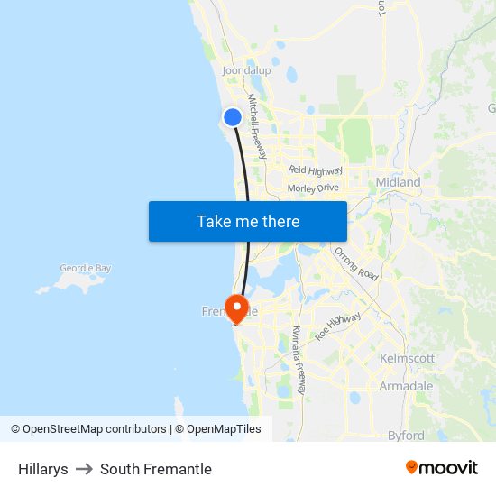 Hillarys to South Fremantle map
