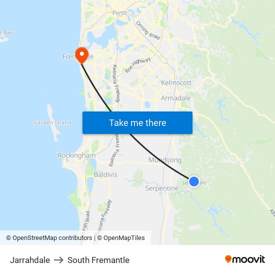 Jarrahdale to South Fremantle map
