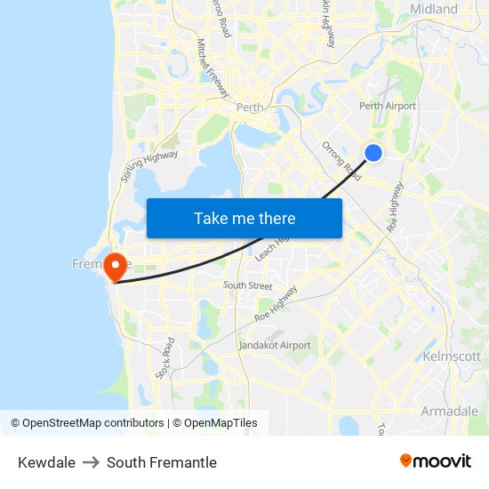 Kewdale to South Fremantle map