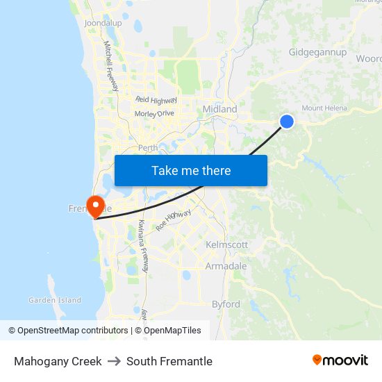 Mahogany Creek to South Fremantle map