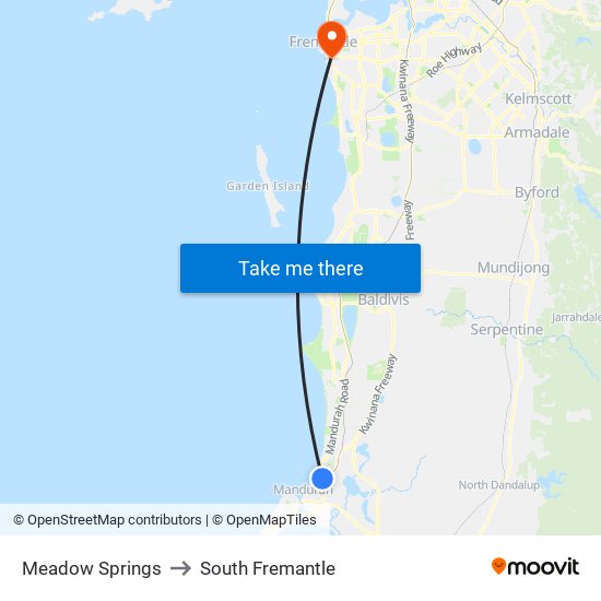 Meadow Springs to South Fremantle map