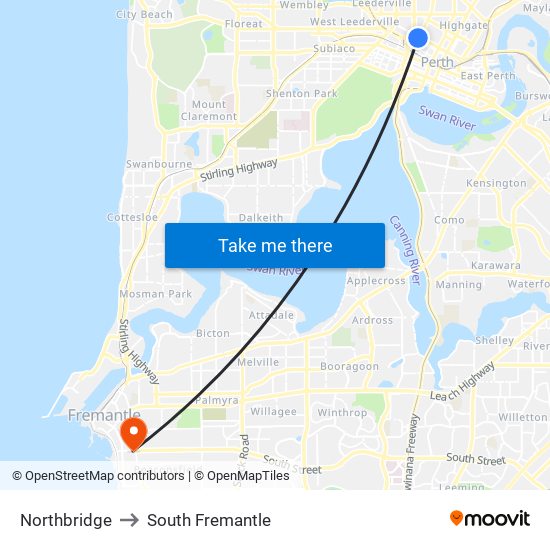 Northbridge to South Fremantle map