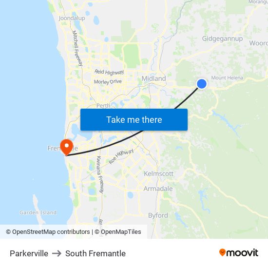 Parkerville to South Fremantle map