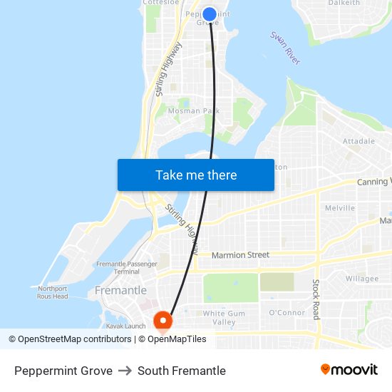 Peppermint Grove to South Fremantle map