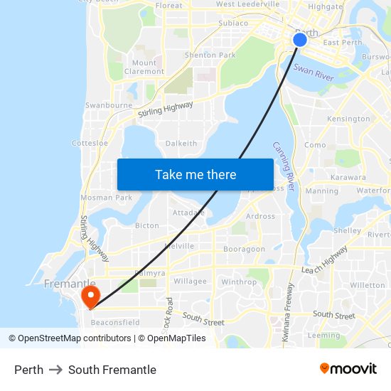 Perth to South Fremantle map