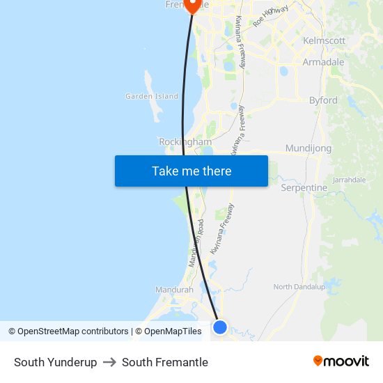 South Yunderup to South Fremantle map