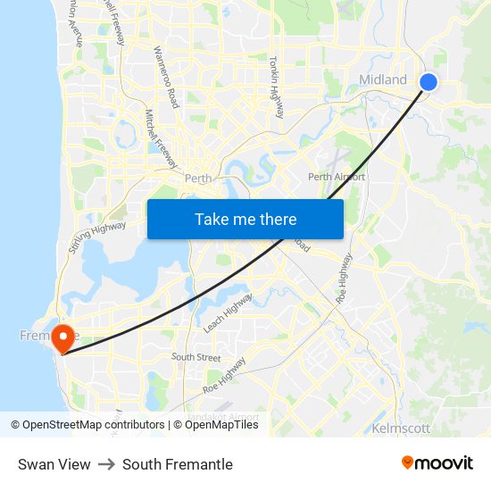 Swan View to South Fremantle map