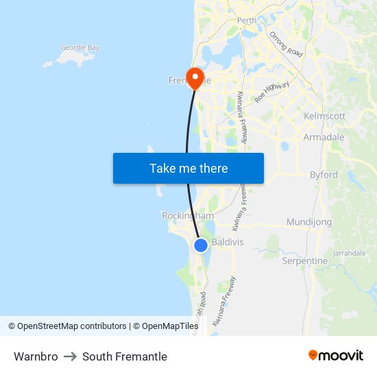 Warnbro to South Fremantle map