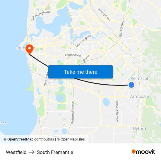 Westfield to South Fremantle map