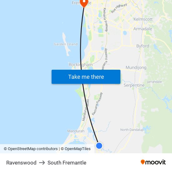 Ravenswood to South Fremantle map