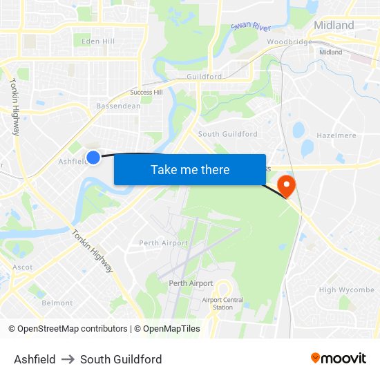 Ashfield to South Guildford map